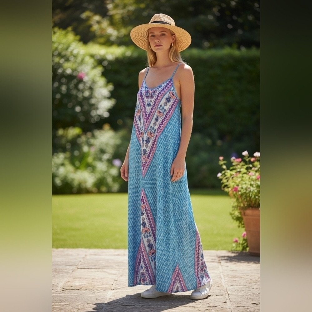 Pink Owl Blue and Pink Sleeveless Maxi Dress Sz small